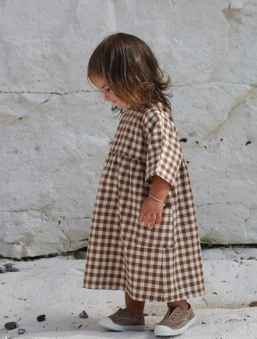 CHESTNUT GINGHAM GATHER DRESS