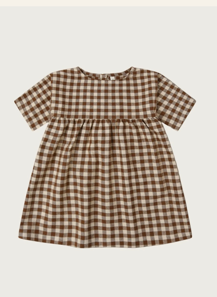CHESTNUT GINGHAM GATHER DRESS