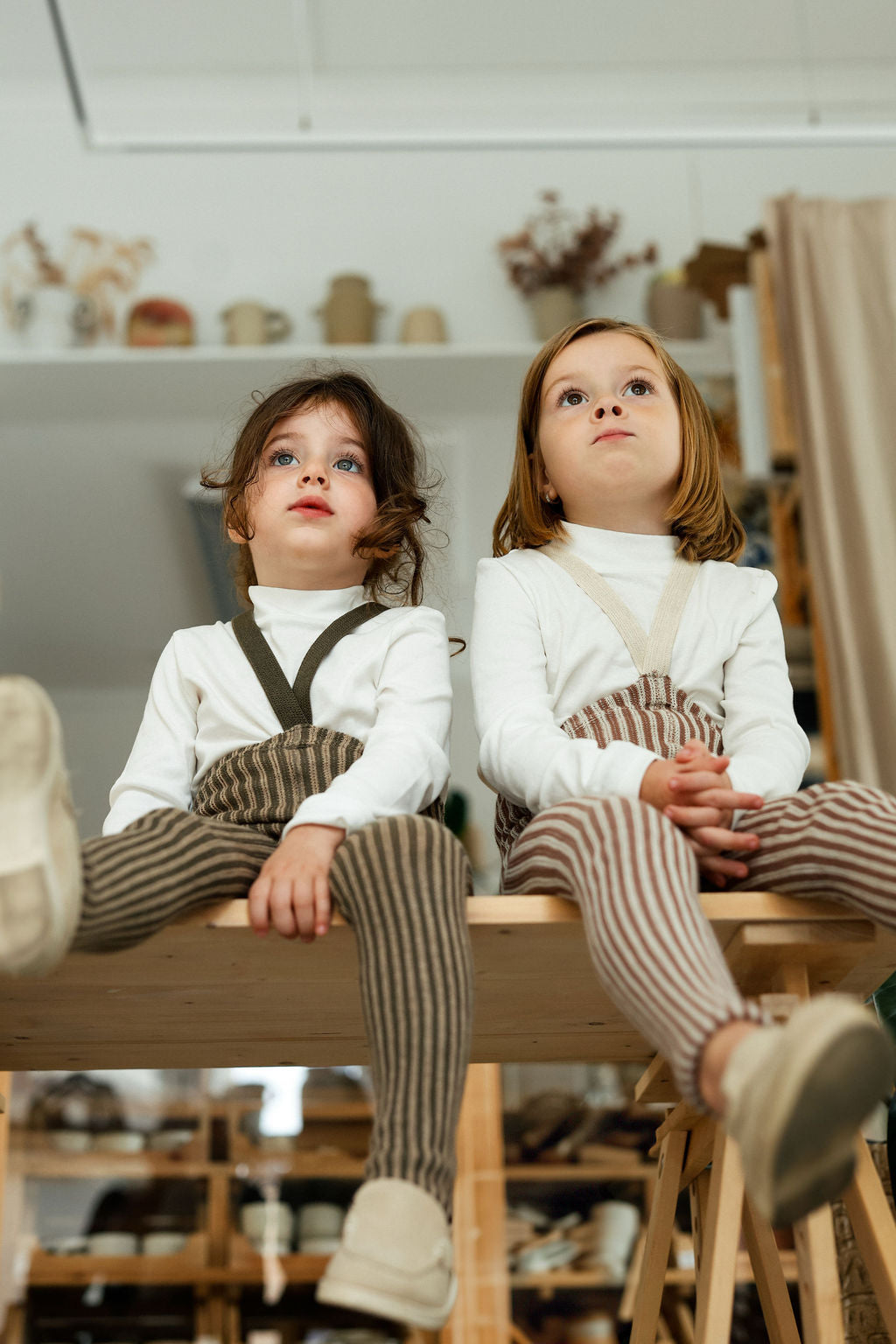 Footed Cotton Tights - Seaweed Brown x Peanut Striped