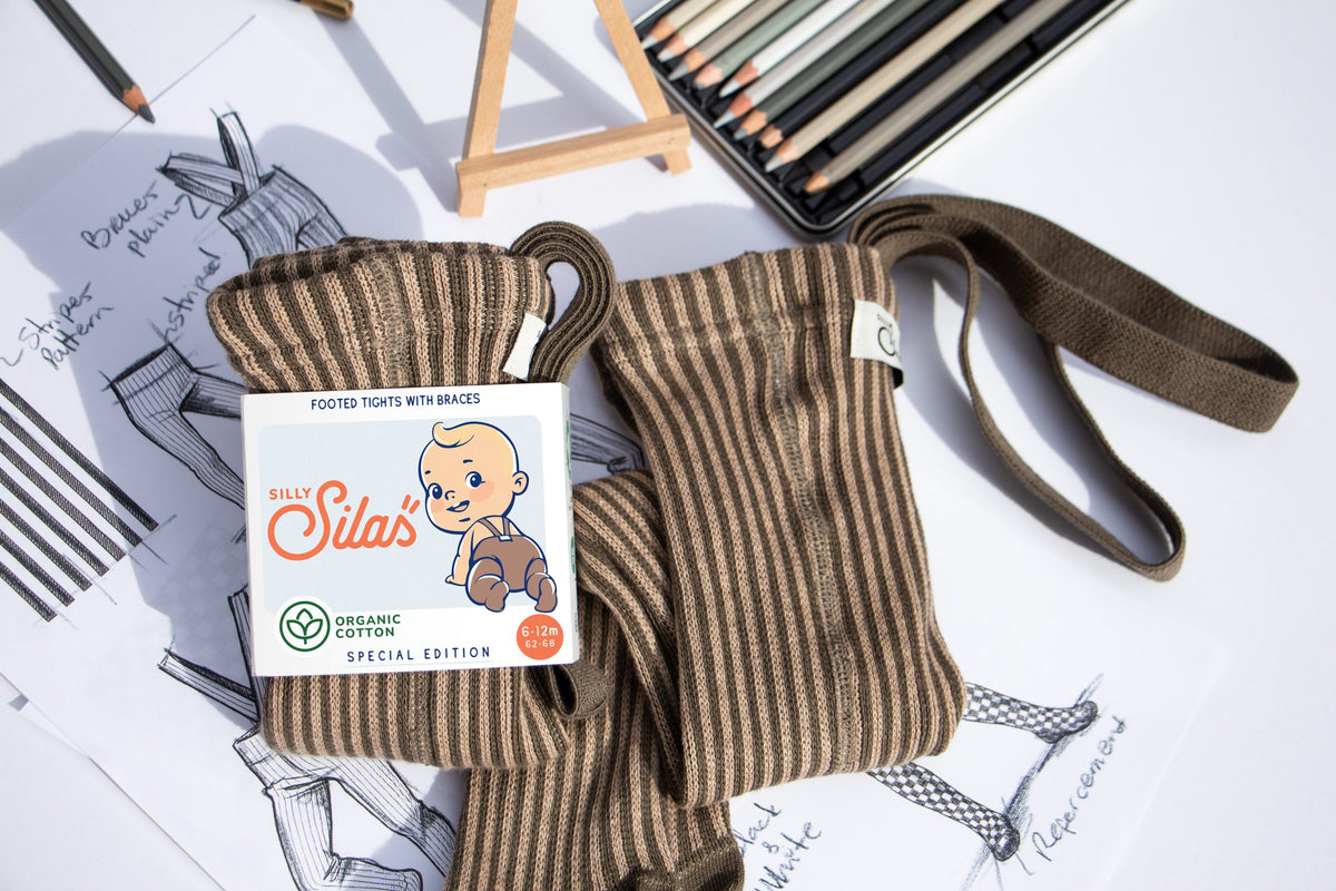 Footed Cotton Tights - Seaweed Brown x Peanut Striped
